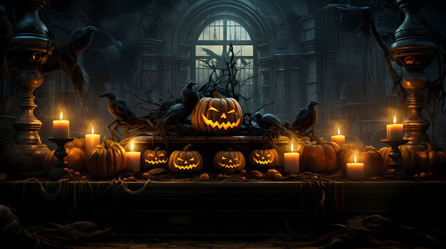 Halloween pumpkin in a creepy forest
