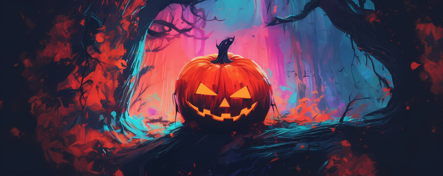 Halloween pumpkin in a creepy forest