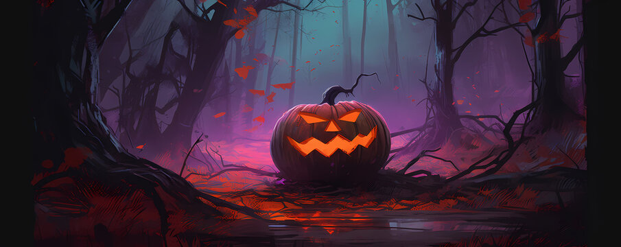 Halloween pumpkin in a creepy forest