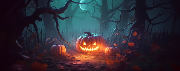 Halloween pumpkin in a creepy forest