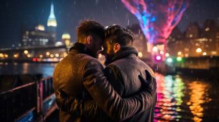 Fototapeta na wymiar Valentine's Day concept. Couple of two men hugging on the street smiling with a lot of love.