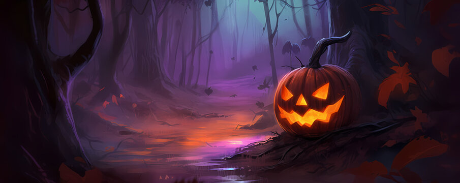 Halloween pumpkin in a creepy forest