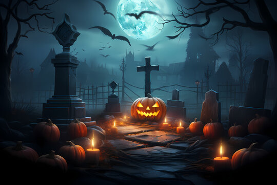 Halloween pumpkin on graveyard