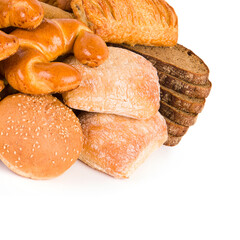 Croissants and sweet pastries isolated on white. Free space for text.