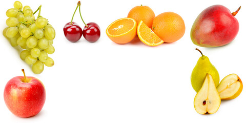 Fruit isolated on white. Collage. Free space for text. Wide photo.