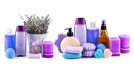 Scented candles, soaps, shampoos and other cosmetics with lavender extract isolated on white....