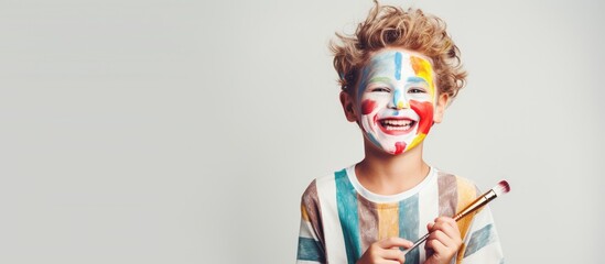 Joyful child paints stripes on his face with a brush With copyspace for text - obrazy, fototapety, plakaty