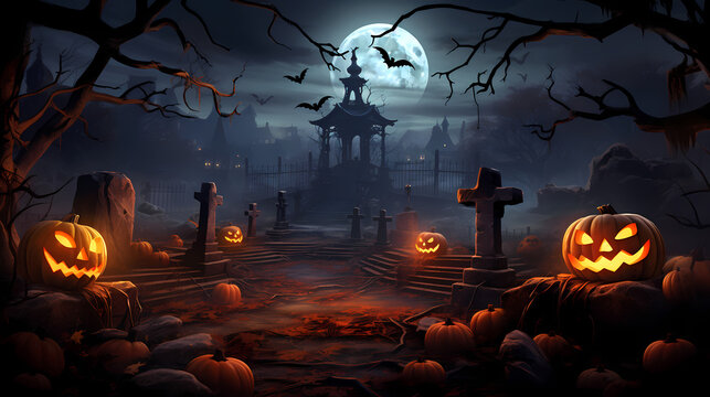 Halloween pumpkins on graveyard