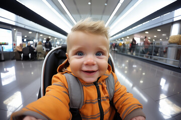 Toddler is making taking selfie photo or video call by smartphone to friends relatives from the airport or shopping mall. Happy cute baby boy, son. Parenting, travelling concept.  - obrazy, fototapety, plakaty