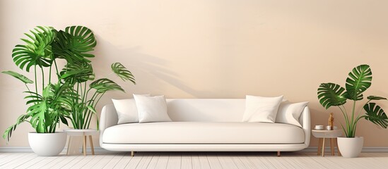 Stylish living room with light colored sofa and tropical flora including a large monstera With copyspace for text