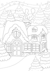 Obraz premium Coloring Pages. Night or evening on the eve of Christmas and a cozy house among fir trees. Christmas trees and the roof are covered with snow. The stars shine brightly in the sky.