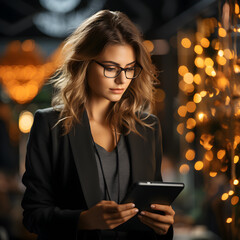 Attractive business lady wearing nice modern work style clothes wearing thick frame glasses working on tablet, modern office background, 32k resolution