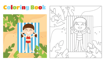 Coloring for children. A girl in a bathing suit lies on a blanket in the sand and sunbathes. Cartoon flat style summer holiday and fun. The child is happy and cheerful.