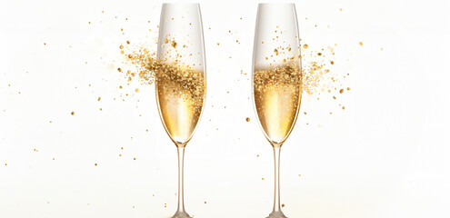 2024 Happy New Year. Champagne glasses illustration. Restaurant glassware. Bubbly in glass. Champagne glasses, fizzy champaign in goblet. Holiday golden glitter confetti. 2024 New Year