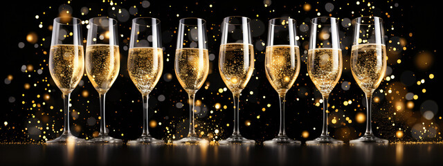 2024 Happy New Year. Champagne glasses illustration. Restaurant glassware. Bubbly in glass. Champagne glasses, fizzy champaign in goblet. Holiday golden glitter confetti. 2024 New Year - obrazy, fototapety, plakaty