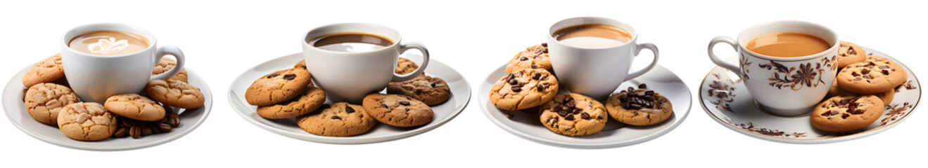 set of cookies of clipping path of die cut dark chocolate chip cookies  set stack and crumbs on, tasty bakery organic homemade American biscuit sweet dessert - obrazy, fototapety, plakaty