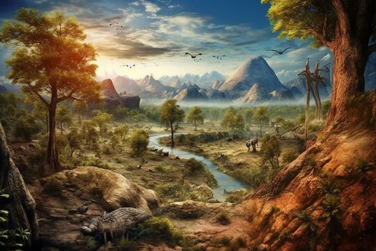 Prehistoric landscape during the Carboniferous period. Generative AI