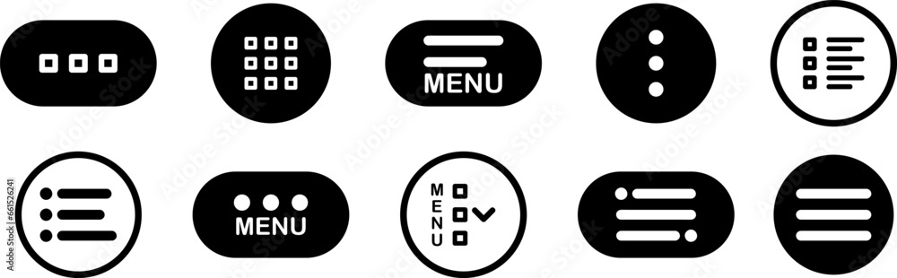 Poster set of black menu buttons for website ui navigation. hamburger web and mobile app menu icons. burger