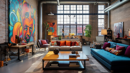 Enter an artist's loft with high ceilings and abundant natural light. Colorful artwork, eclectic furnishings, and an industrial aesthetic make this loft a vibrant and inspiring space for creativity an - obrazy, fototapety, plakaty