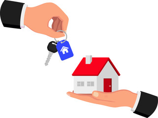 Fototapeta na wymiar Buying a house. Sale and purchase house . Loan for property. Sale and rent of apartment. Trading Agreement. Hand giving house keys to customer. Hand gives money. Mortgage, credit or property concept