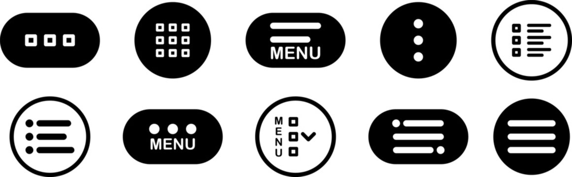 Set of black menu buttons for website UI navigation. Hamburger web and mobile app menu icons. Burger menu UI design elements button. Set of modern navigation buttons or Web menu and ui icons set