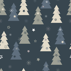 Obraz premium Seamless vector pattern of a Christmas tree and snowflakes on a dark background