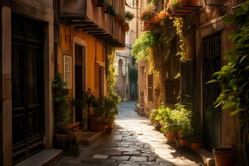 Fototapeta na wymiar A tight alleyway in a Mediterranean style town with houses on both sides. Created with Generative AI.