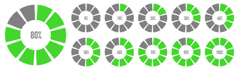 Set of green pie charts from 0 to 100. Vector illustration for web design.