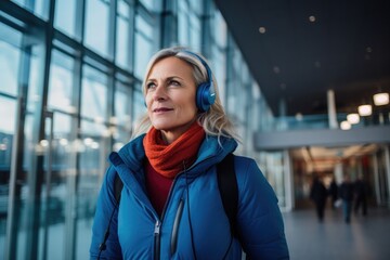 Mature woman, 50 years old, listening to music with wireless headphones at the international airport terminal. - obrazy, fototapety, plakaty