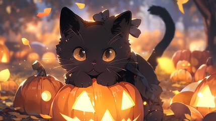 Halloween cute anime cat with pumpkin © Morimotion