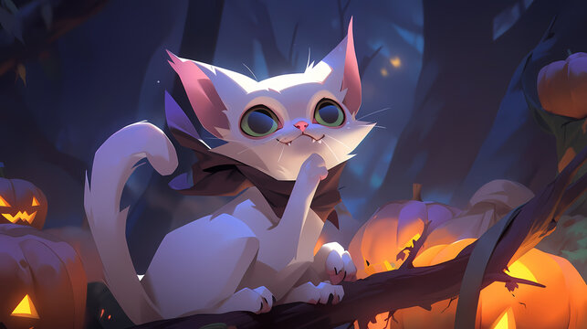 Halloween cute anime cat with pumpkins in a forest