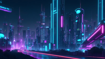 City of Tomorrow: Nighttime Holographic Lights in the Futuristic Metropolis, Generative AI - obrazy, fototapety, plakaty