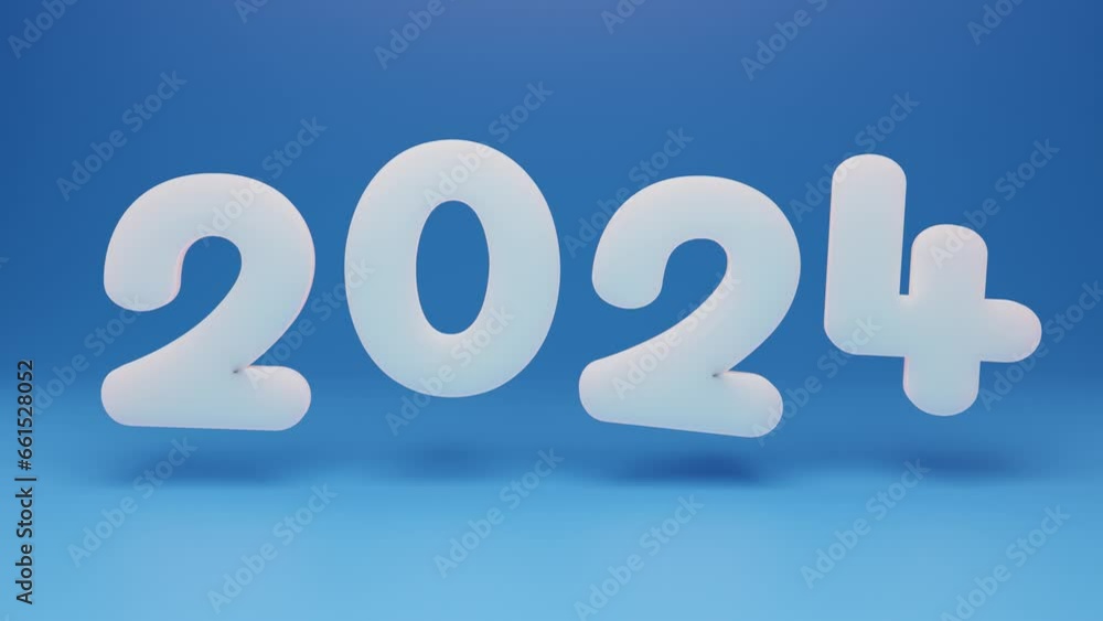 Poster loop 3d animation of the date of the new year 2024. numbers made of ice on a blue background continu