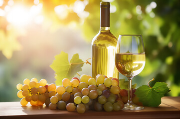White wine and fresh bunches of grapes against the background of vineyards. Harvest of young wine