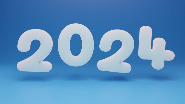 Loop 3d animation of the date of the new year 2024. Numbers made of ice on a blue background continuously and randomly move. Animation for New Year and calendar compositions.