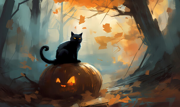 Halloween cat with a big creepy pumpkin in a forest
