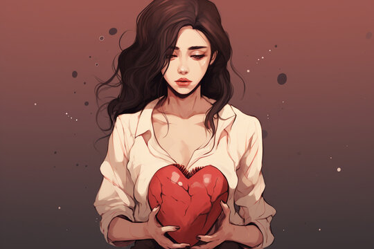 The girl holds a broken heart in her hands. generative ai