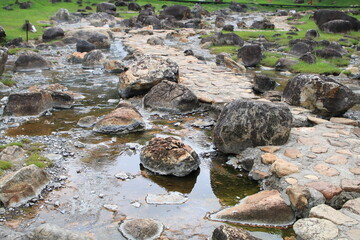 Algae in Hot Springs and fog in Chae Son National Park, Lampang, Thailand, Natural Mineral Water.