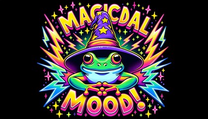  Illustration of a vibrant meme with a frog in a wizard hat