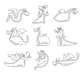 Fototapeta na wymiar Happy funny dragon. Coloring Page. Cute character. Fairytale monsters. Hand drawn style. Vector drawing. Collection of design elements.