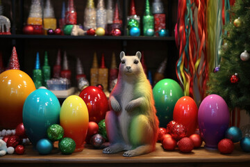 Counter of a souvenir shop on which there are various figures and animals. Christmas decor.