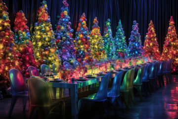 A vibrantly decorated dining setup, glowing in bright neon hues, creating an ambiance of festivity, perfect for celebrating the New Year, holidays, and birthdays