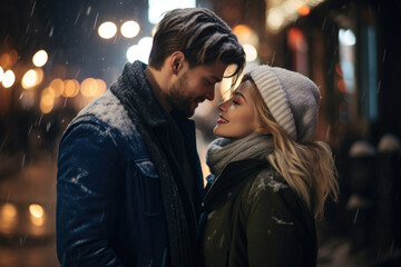 Fototapeta premium In the midst of a winter's evening, a loving pair cuddles, their connection evident against the city's nocturnal panorama, radiating warmth amidst the cold