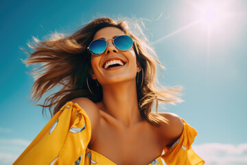 A young woman in sunglasses laughs against the background of the sky and sun - Powered by Adobe