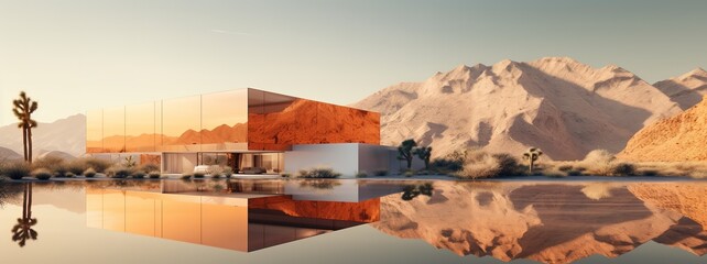 Futuristic two-story house with completely mirrored upper floor facade modular structure with a huge swimming pool that reflects the house and the arid desert landscape. Real estate concept - obrazy, fototapety, plakaty
