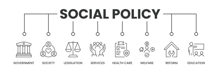 Social Policy banner with icons. Outline icons of Government, Society, Legislation, Services, Health Care, Welfare, Reform, and Education. Vector Illustration.