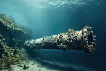 A destroyed rusty gas pipeline in the ocean. The image is a reminder of the environmental impact of war