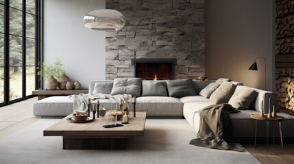 Living room with a grey sectional sofa and a contrasting patterned rug and a stone fireplace