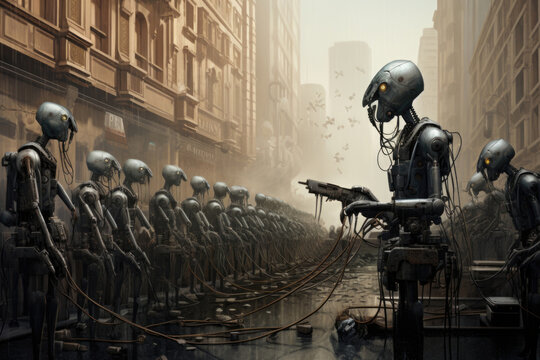 surrealistic image of robots taking over the world on the city streets.