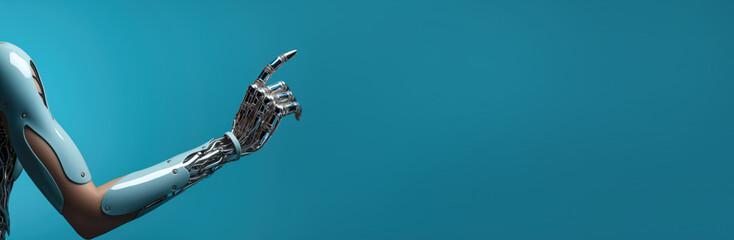 Female robot android's hand with pointing finger  on blue background